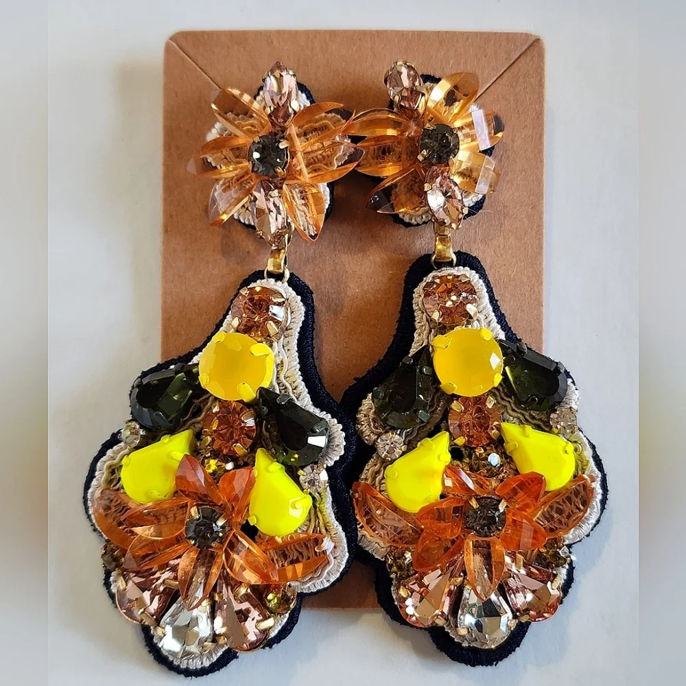 J. Crew NWT Yellow Orange Floral Beaded Rhinestone Stud Earrings
